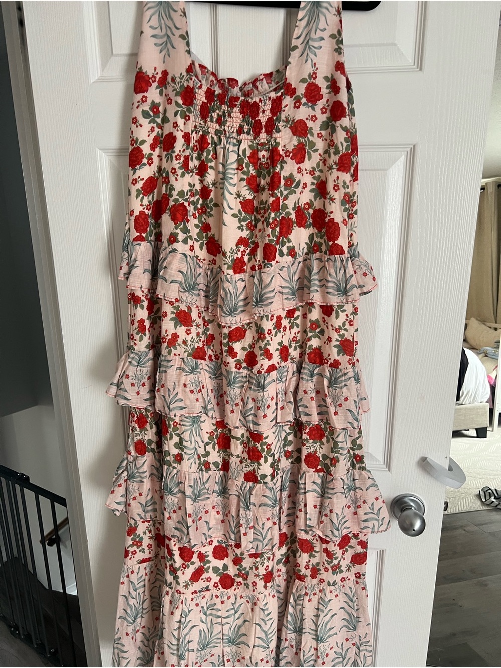 Anthropologie Pink Floral Tiered Maxi Dress with Red Blooms - Picture 3 of 4